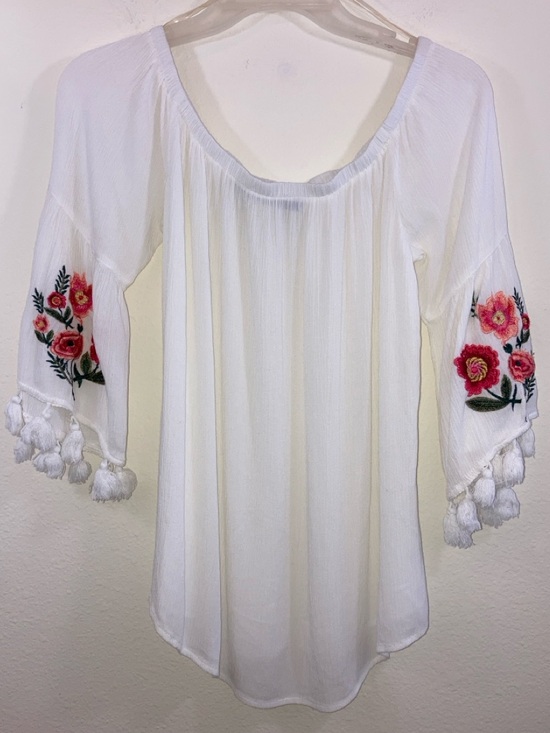 Blue Rain Tops - Blue Rain White Peasant Top with Floral Embroidery and Tassel Trim Size S
